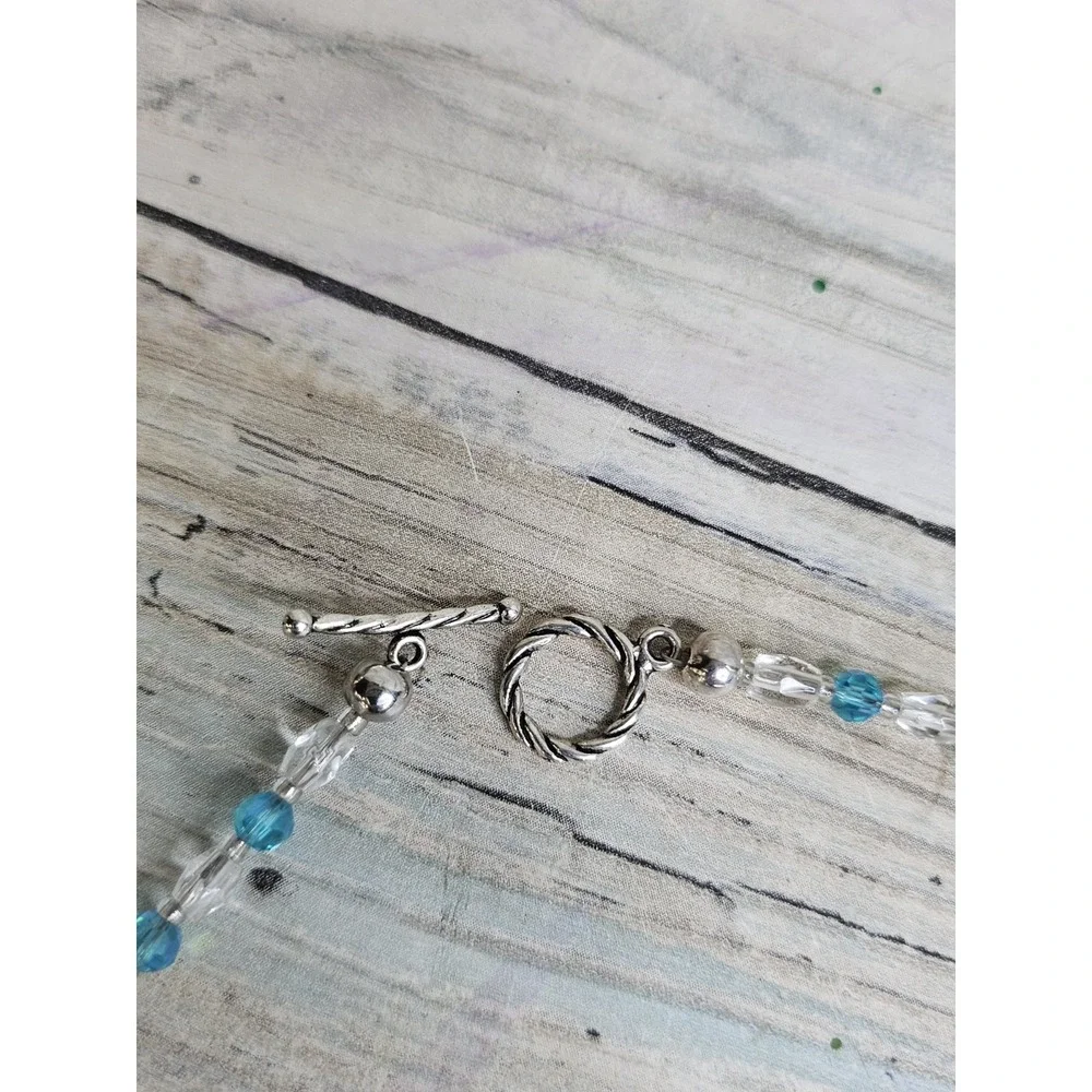 Teal Blue Cat's Eye Heart Crystal‎ Beads Toggle Clasp Necklace Turquoise 20